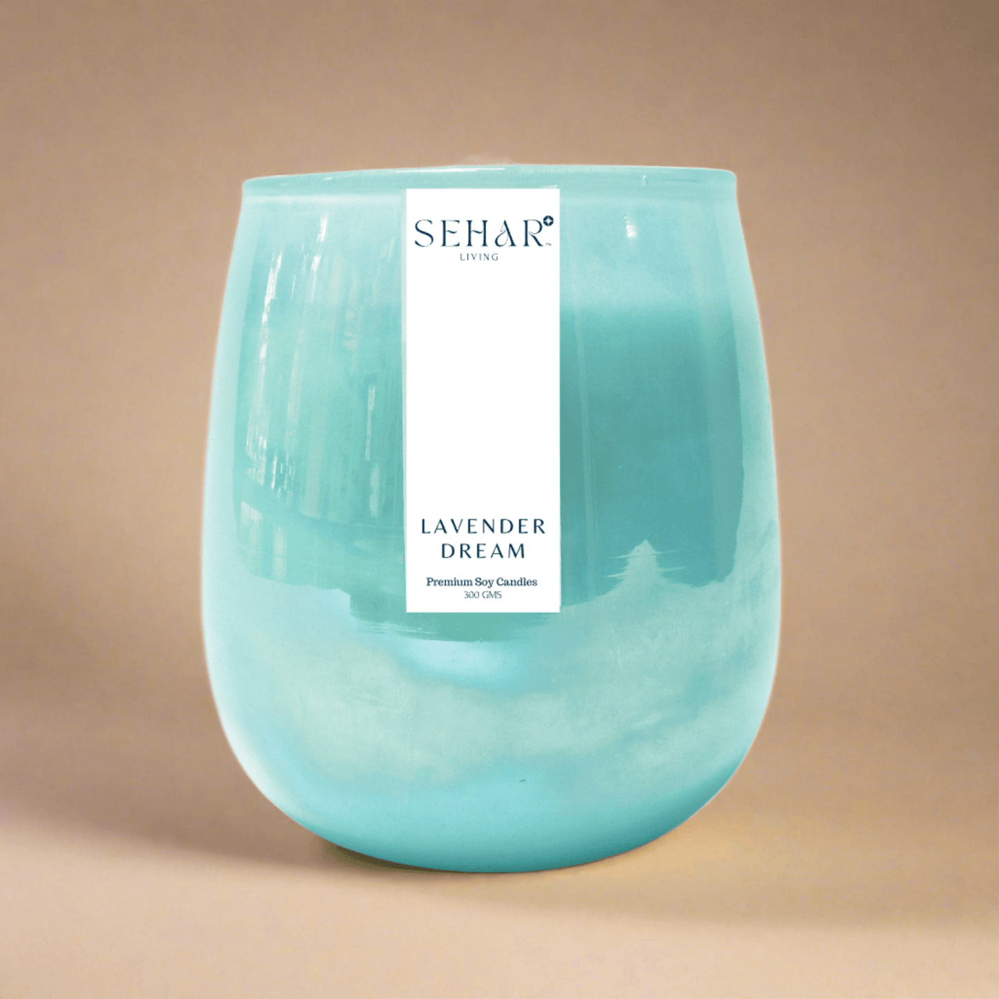 Lavender Dreams Soy Candle by Sehar Living – Relaxing Fragrance in Glass Jar on Brown Background